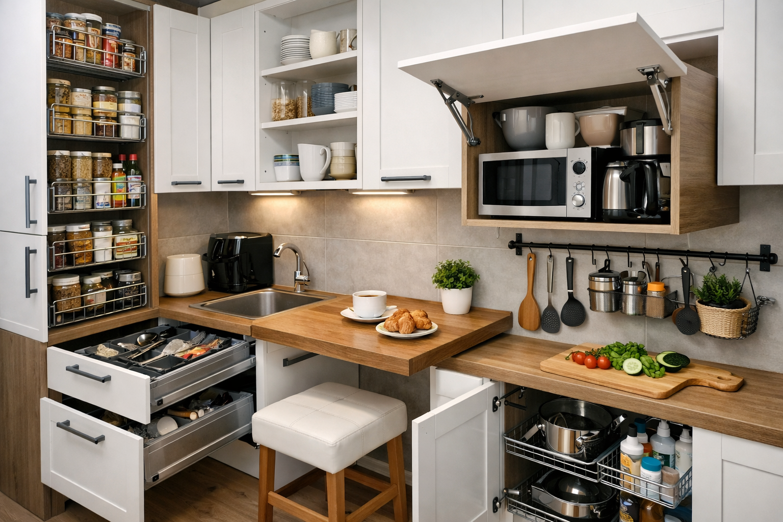 Mała kuchnia w bloku – 5 trików na więcej miejsca